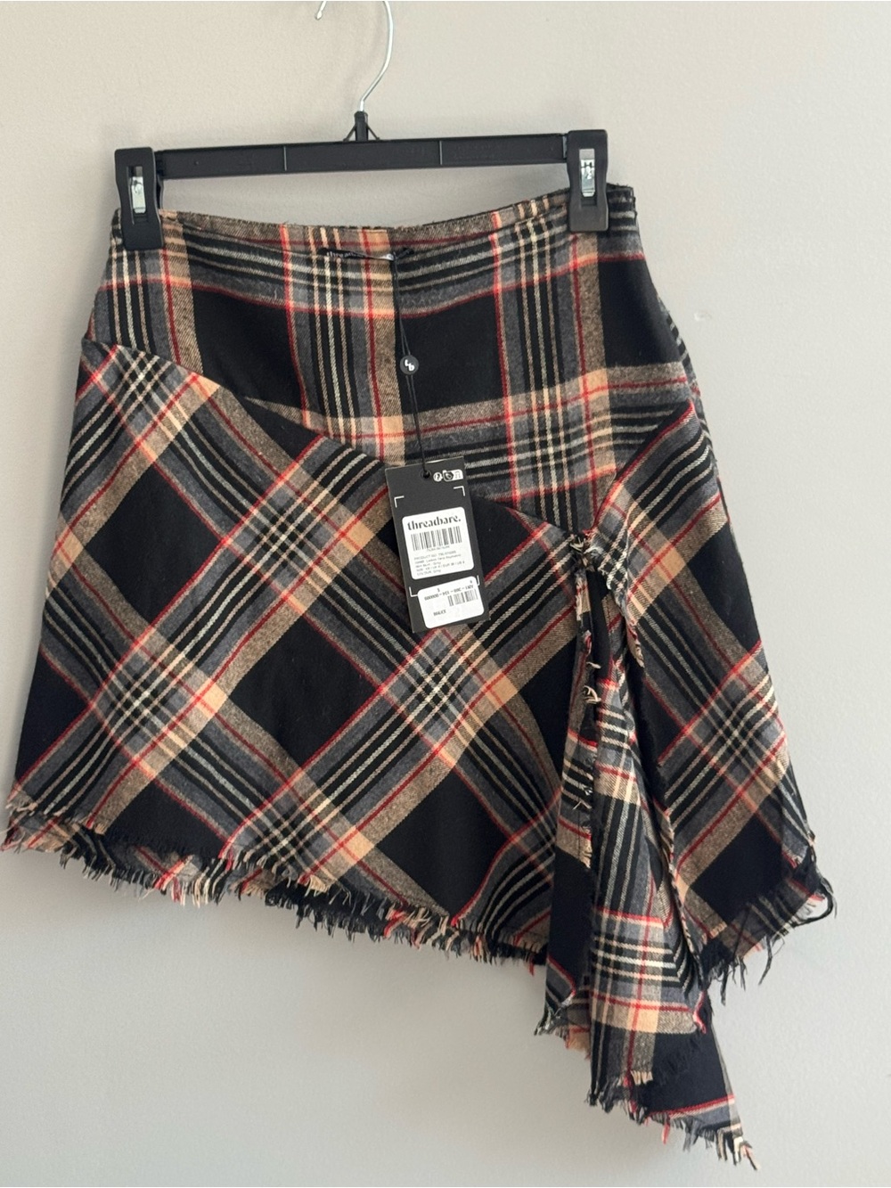 Threadbare Yana Plaid Asymmetrical Fringe Mini Skirt Gray XS US 4 NWT